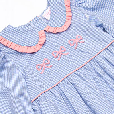 French Knot Frills Embroidered Collared Dress, Blue