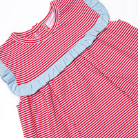 Bonnie Ruffle Short Set, Light Blue and Red Stripe