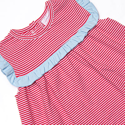Bonnie Ruffle Short Set, Light Blue and Red Stripe