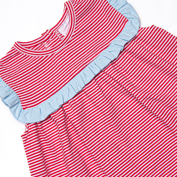Bonnie Ruffle Short Set, Light Blue and Red Stripe