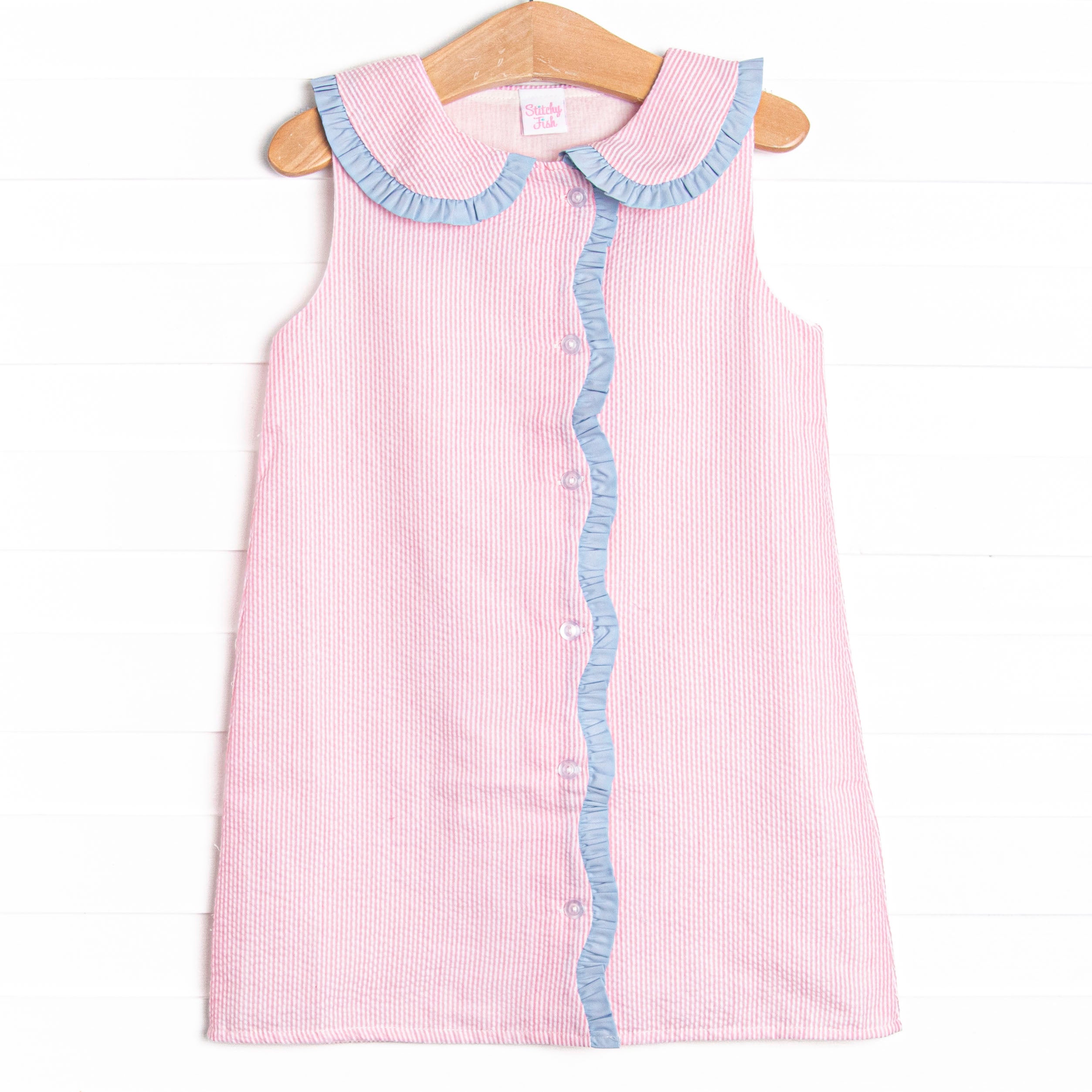 Portland Proper Dress, Pink Seersucker Stitchy Fish Portland Proper Dress, Pink Seersucker Stitchy Fish