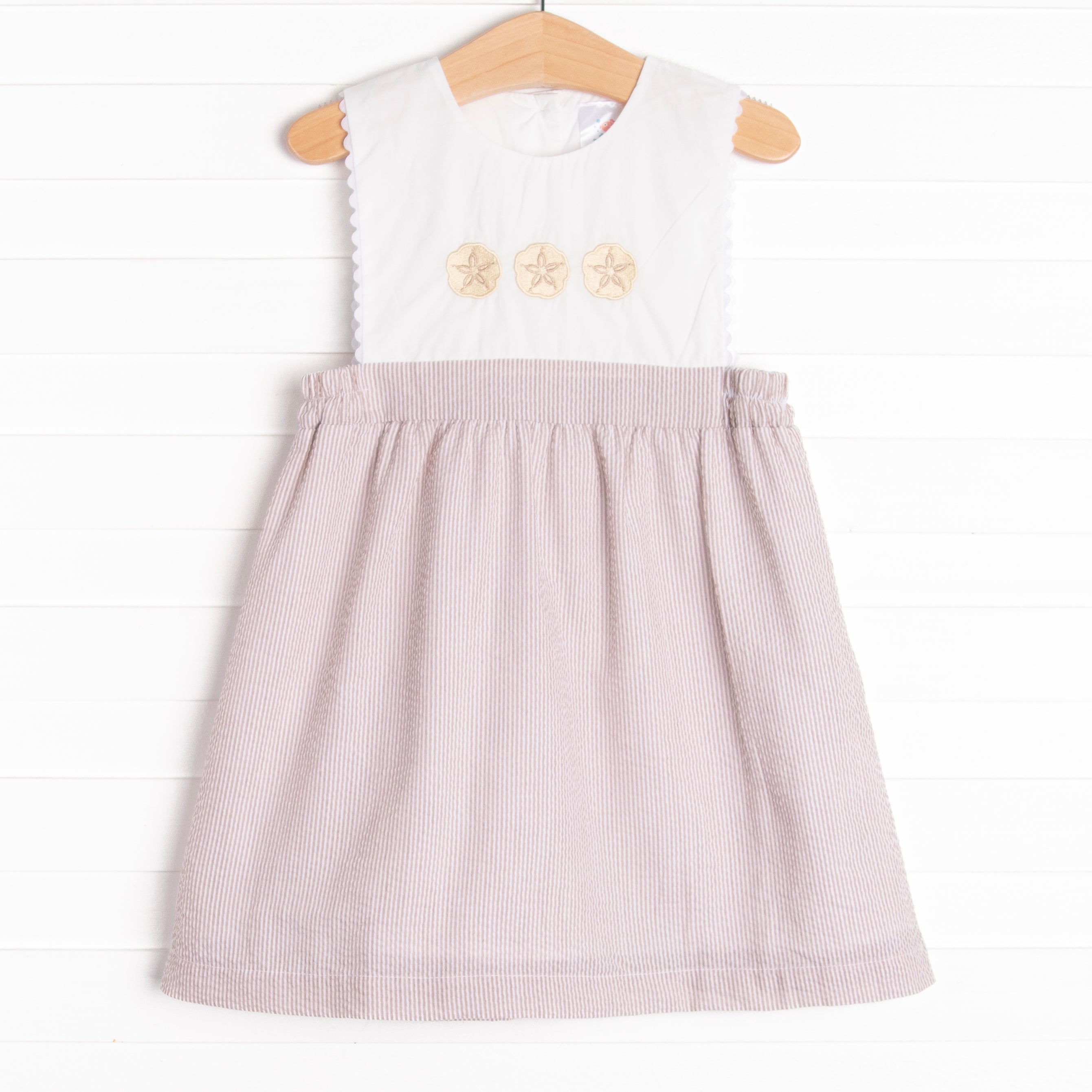 Girl's Sand Dollar Summer Embroidered Dress in Tan size 12 | Stitchy Fish Girl's Sand Dollar Summer Embroidered Dress in Tan size 12 | Stitchy Fish