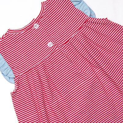 Bonnie Ruffle Short Set, Light Blue and Red Stripe