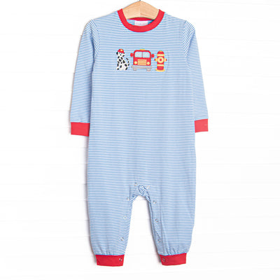 This romper features a blue striped knit material, fire truck and puppy applique, and red trim.