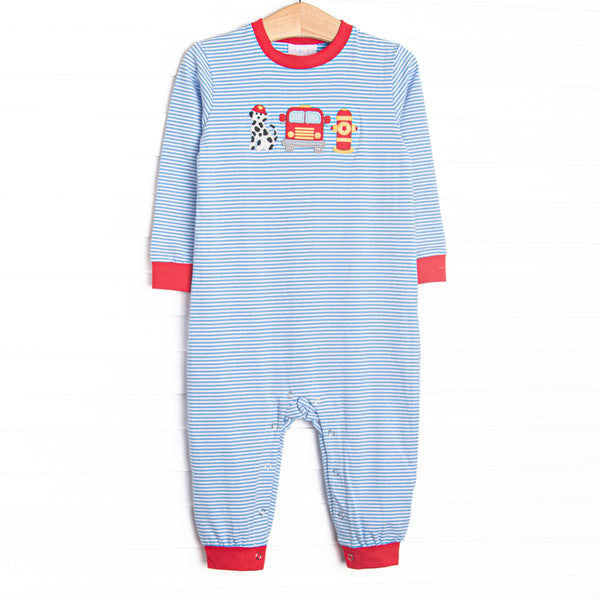 This romper features a blue striped knit material, fire truck and puppy applique, and red trim.