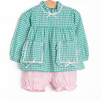 This set features a green gingham print, a pink satin bow trim, and front pockets. Coordinating pink bloomer shorts to match.