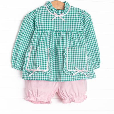 This set features a green gingham print, a pink satin bow trim, and front pockets. Coordinating pink bloomer shorts to match.