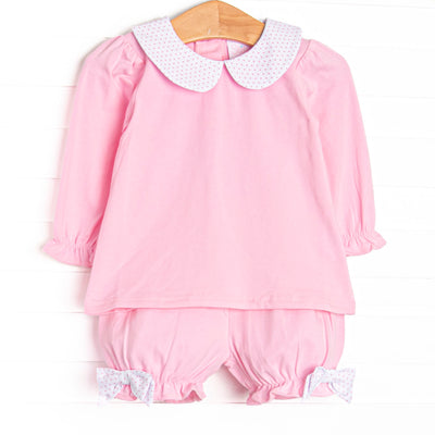 This set features pink knit fabric, bitty dot bows, and a white peter pan collar. Coordinating pink bloomer shorts to match.