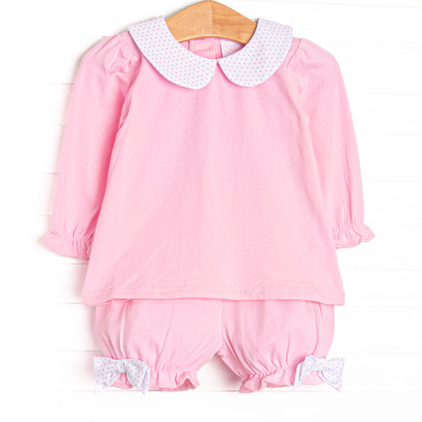 This set features pink knit fabric, bitty dot bows, and a white peter pan collar. Coordinating pink bloomer shorts to match.