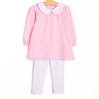 This set features pink knit fabric, bitty dot leggings, and a white peter pan collar.