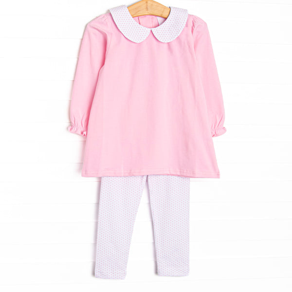 This set features pink knit fabric, bitty dot leggings, and a white peter pan collar.