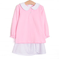 This set features pink knit fabric, a bitty dot skirt, and a white peter pan collar.