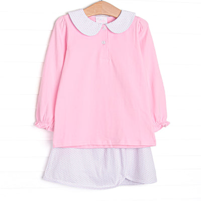 This set features pink knit fabric, a bitty dot skirt, and a white peter pan collar.