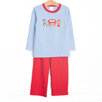 This set features a blue striped knit top, fire truck and puppy applique, and red trim. Coordinating red leggings to match.