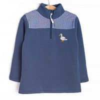  This pullover features navy fleece fabric, a blue gingham chest, and mallard embroidery. 