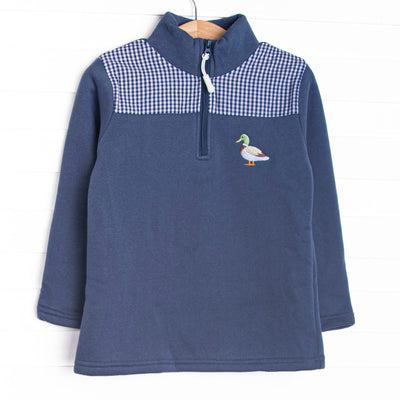  This pullover features navy fleece fabric, a blue gingham chest, and mallard embroidery. 