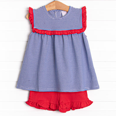 Bonnie Ruffle Short Set, Royal Blue Stripe