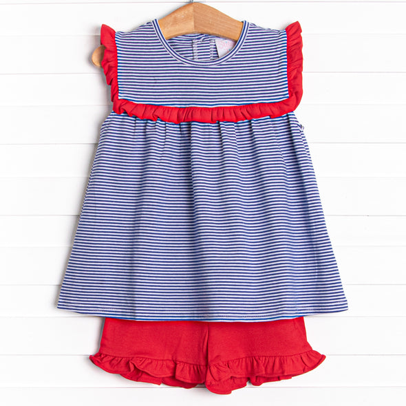 Bonnie Ruffle Short Set, Royal Blue Stripe