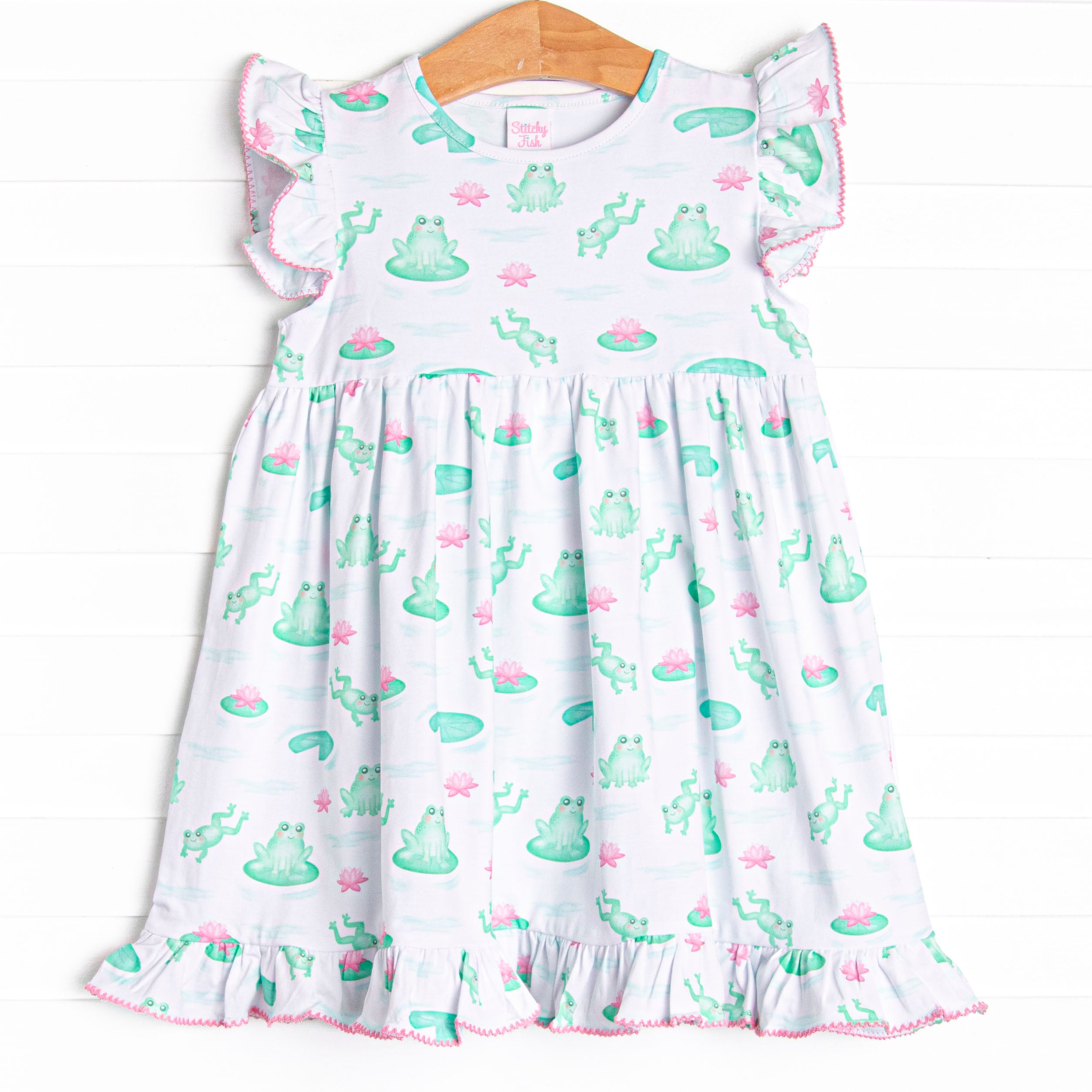 Girl's Little Leap Frog Dress in Pink size 8 | Stitchy Fish Girl's Little Leap Frog Dress in Pink size 8 | Stitchy Fish
