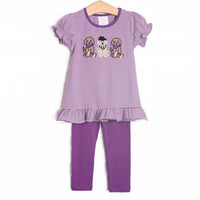 This set features purple striped knit material, puppy football applique, and short puff sleeves. Coordinating purple leggings to match.
