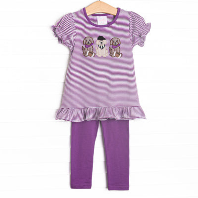 This set features purple striped knit material, puppy football applique, and short puff sleeves. Coordinating purple leggings to match.