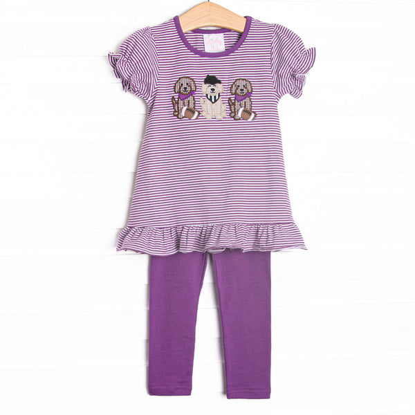 This set features purple striped knit material, puppy football applique, and short puff sleeves. Coordinating purple leggings to match.