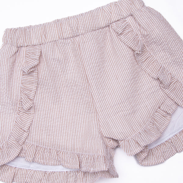 Sand Dollar Summer Embroidered Ruffle Short Set, Tan