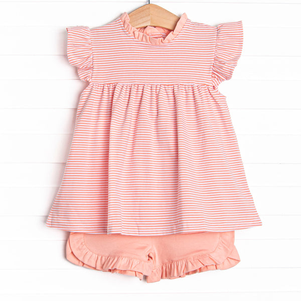  The set features a peach striped flutter sleeve top, the softest knit material, and mint ruffle shorts to match. 