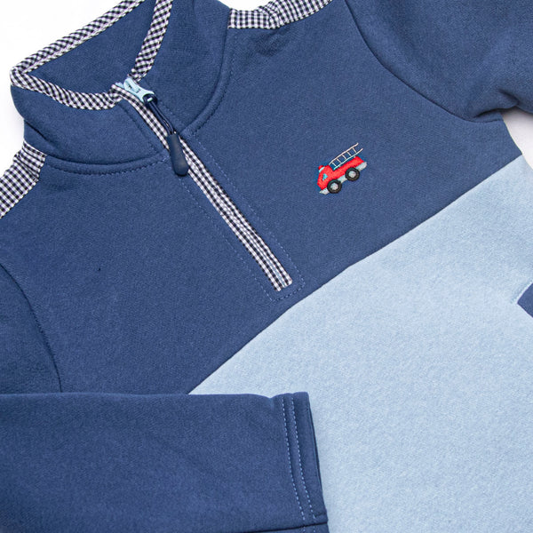 Fleece Firetruck Embroidered Pullover, Blue