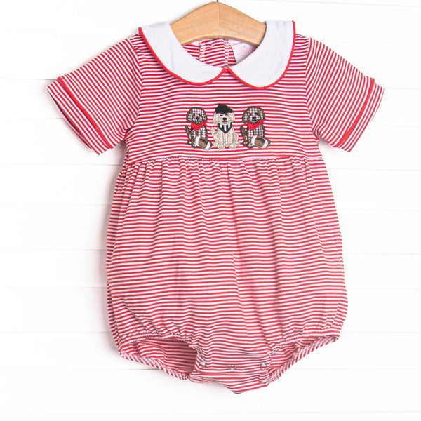 This bubble features red striped knit material, puppy football applique, and a white peter pan collar.