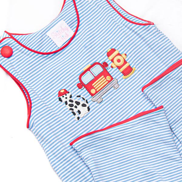 Fire Station Squad Applique Long Jon Jon, Blue