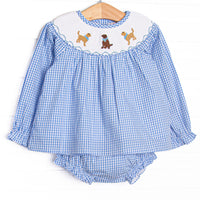 This set features blue gingham fabric, golden retriever trio smocking, and long sleeves. Coordinating blue gingham diaper cover to match.