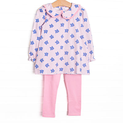 Featuring a light purple and pink knit fabric, a Peter Pan collar, long sleeves, and coordinating pink leggings to match