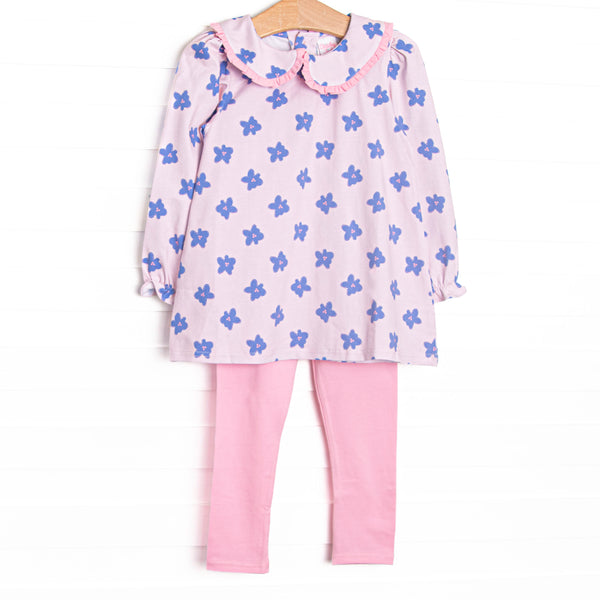 Featuring a light purple and pink knit fabric, a Peter Pan collar, long sleeves, and coordinating pink leggings to match