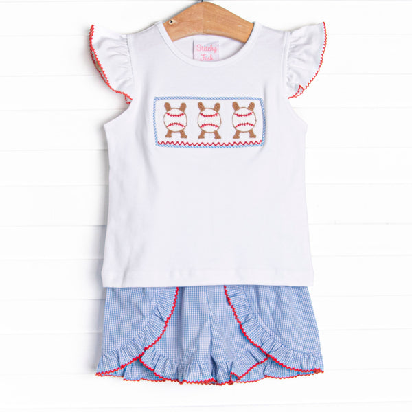 Homerun Hitter Smocked Ruffle Short Set, Blue Gingham