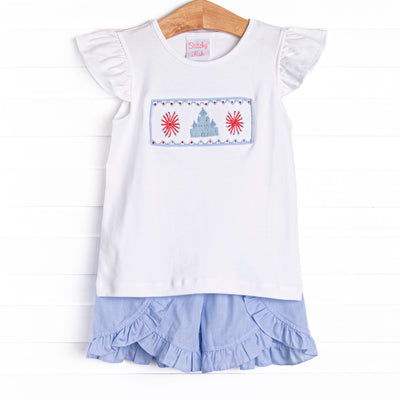 Firework Finale Smocked Ruffle Short Set, Blue