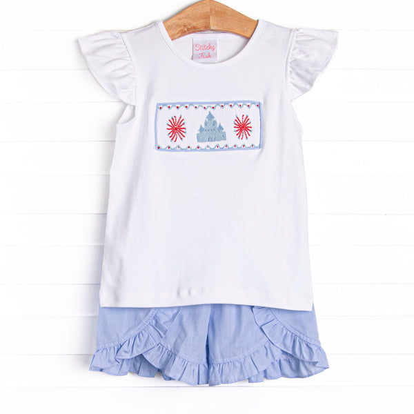 Firework Finale Smocked Ruffle Short Set, Blue