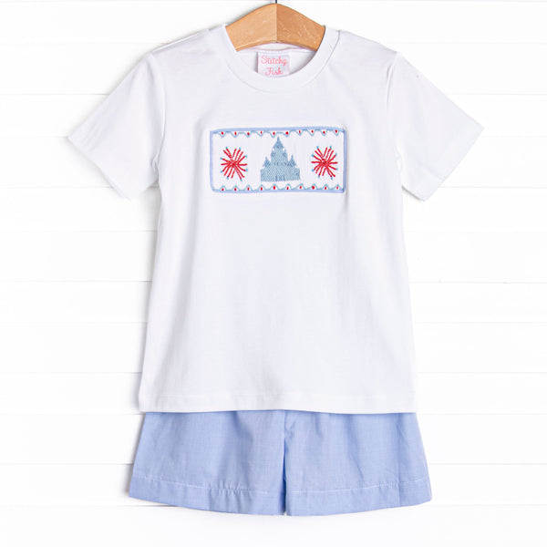 Firework Finale Smocked Short Set, Blue
