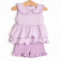 Elaine Scallop Short Set, Light Purple Stripe
