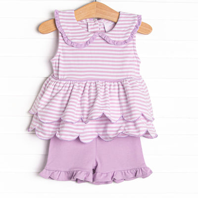 Elaine Scallop Short Set, Light Purple Stripe