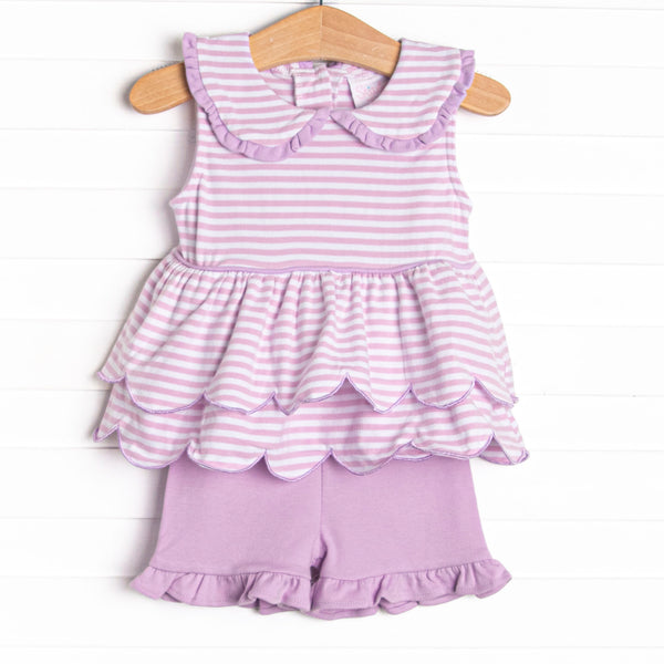 Elaine Scallop Short Set, Light Purple Stripe