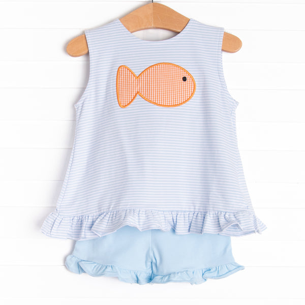 Gingham Goldfish Applique Ruffle Short Set, Blue