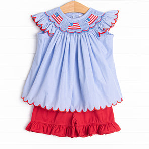 Prideful Banner Smocked Ruffle Short Set, Blue