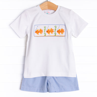 Goldfish Guy Smocked Short Set, Blue