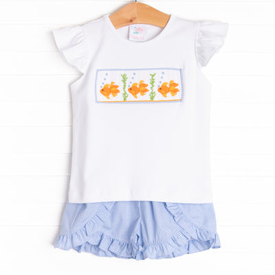 Goldfish Gal Smocked Ruffle Short Set, Blue