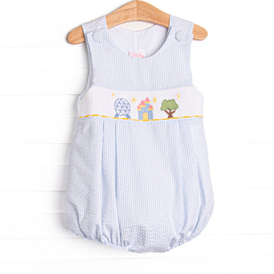 Amusement Park Adventures Smocked Bubble, Blue Seersucker