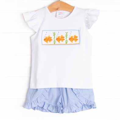 Goldfish Gal Smocked Ruffle Short Set, Blue