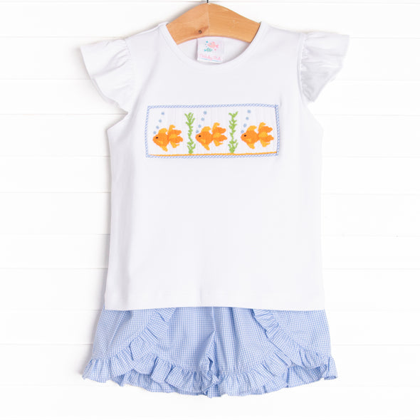 Goldfish Gal Smocked Ruffle Short Set, Blue