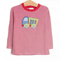  This top features a red striped print, long sleeves, and a dump truck applique. 