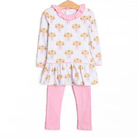 This set features a sunflower print, a pink ruffle neck, and long sleeves. Coordinating pink leggings to match.